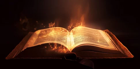 Tuinposter Burning with fire and smoke Holy Bible Gold Ancient Book banner, illuminated message Ai. © SavirinaArt