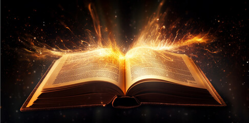 Burning with fire and smoke Holy Bible Gold Ancient Book banner, illuminated message Ai.