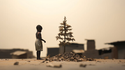Little African kid watching to a poor Christmas tree in the African street. Illustrative image