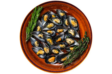 Seafood mussels with wine sauce and thyme on a plate.  Transparent background. Isolated