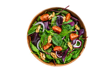 Fresh vegetable green salad with leaves mangold, swiss chard, spinach, arugula and nuts.  Transparent background. Isolated - obrazy, fototapety, plakaty