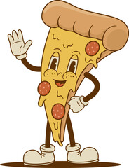 Cartoon pizza slice character in retro groove style. Pizzeria mascot for cafe, restaurant. Vector illustration. Nostalgia 60s, 70s, 80s © Nadezhda Mih