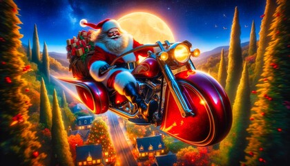 Santa Claus riding motorcycle, gifts loaded, above illuminated town, full moon background. Generative AI
