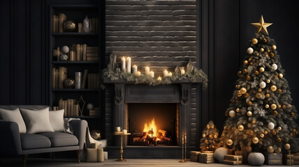 Christmas in Modern house with big fireplace, couch and Christmas Tree. Festive mood. Empty in Space
