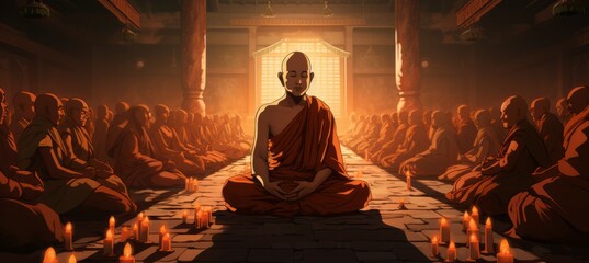 Old buddhist monk meditation at temple. Drawing illustration design. Generative AI technology.