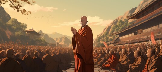 Buddhist monk preach. Drawing illustration design. Generative AI technology.