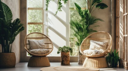 Design light interior of a modern eco-friendly house apartment room with wicker furniture chairs and green flowers plants tropical