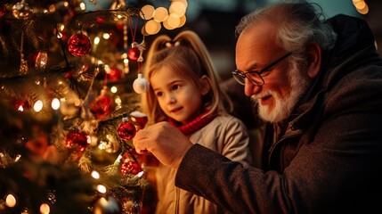 Obraz na płótnie Canvas Senior man and young girl adorning holiday tree with ornaments, family Christmas traditions, home festive Decor, winter season celebration