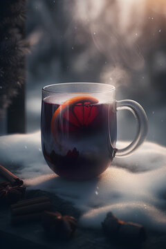 Glass of mulled wine with staem on the snow covered surface outdoors
