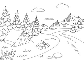 Camping graphic black white river mountain landscape sketch illustration vector 