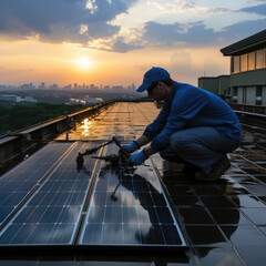 Generative ai illustration of Solar cell factory rooftop installer engineer