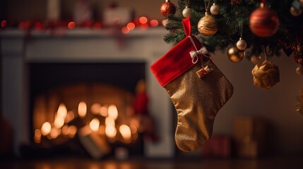 Colorful and festive Christmas stockings hanging on a fireplace mantel with candles and ornaments - obrazy, fototapety, plakaty