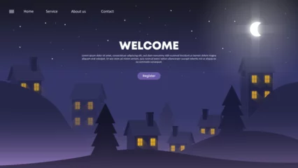 Poster Vector Flat Misty Mountain Village at Night Landing Page Template © Aditya
