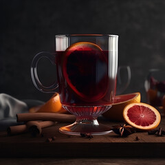 Glass of mulled wine with ingredients on the wooden table on dark background