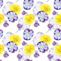 watercolor seamless pattern with hand drawn pansy flowers and buds, violet and yellow spring flowers, summer illustration, isolated on white background