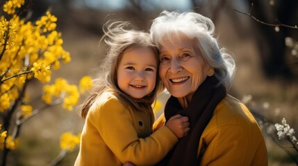 Fototapeta premium Grandmother and granddaughter walk in a park in nature in autumn on a sunny day, connection between generations, spending time with family