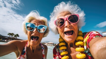 Elderly women pensioners having fun and relaxing on a trip to the sea on the beach. Lifestyle of active retirees. taking selfie photos on the phone, video communication with family - obrazy, fototapety, plakaty