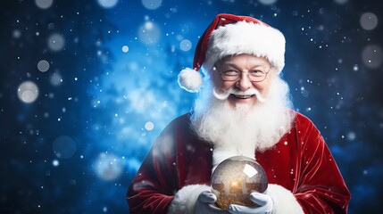 Cheerful Santa Claus spreading joy with glowing Christmas ball on a defocused blue background – festive holiday season image with copy space