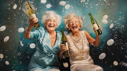 Party of cheerful elderly women pensioners celebrating and having fun on their birthday, champagne or wine in glasses, cheers fireworks and flowers