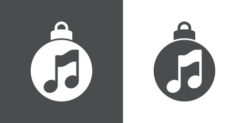 Música de Navidad. Logo con silueta de bola de navidad con nota musical para su uso en invitaciones y felicitaciones - obrazy, fototapety, plakaty