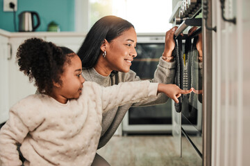 Oven, learning and mother cooking with child in kitchen for development, teaching and learning a...