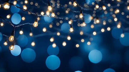 Christmas garland bokeh lights illuminating a dark blue background, holiday decoration concept