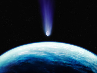 Close-up of blue planet with asteroid. Dangerous space object. A celestial body is approaching the Earth.