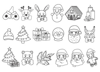 Linear set of cozy winter elements isolated on white background.