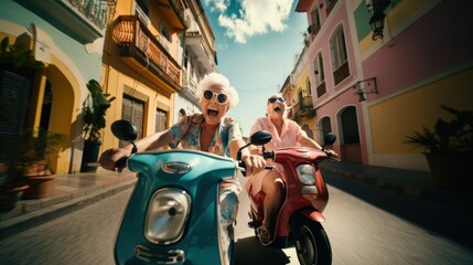 Active extreme cheerful senior women pensioners get adventures on vacation riding motorcycles, lifestyle travel in retirement - obrazy, fototapety, plakaty