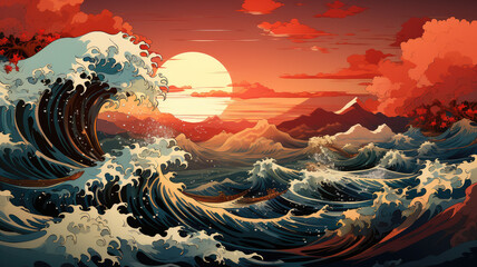 Generative ai illustration of Japanese ocean wave graphic - obrazy, fototapety, plakaty