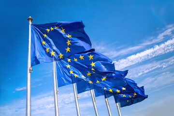 Flaggen der Europäischen Union wehen bei strahlend blaumem Himmel im Wind - obrazy, fototapety, plakaty