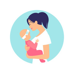 Cute mother with newborn daughter. The concept of motherhood, family. Happy woman hugging baby isolated on a white background.