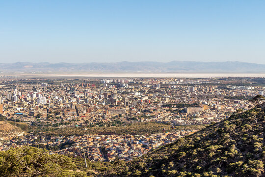 Panorama of Oran, Algeria, with the salted lake, called Sebkha or Ramsar site, in the background.