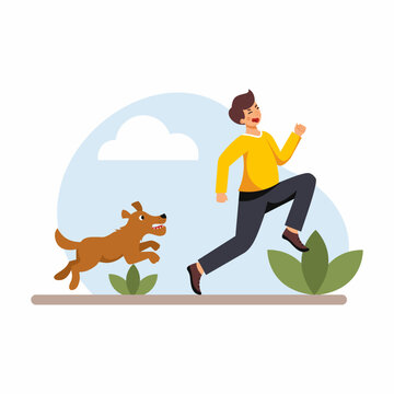 Man is afraid of angry dog. Dangerous animal attacked man. Vector illustration in cartoon style. Dog runs after guy.