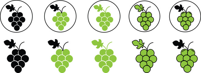 Grape icons set. Grape Icons Food Fruits, bunches of grapes icons with leaf isolated on transparent background. Black and green Fill Grape fruits healthy lifestyle symbol template for graphic and web.