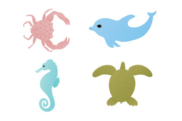 Cute crab, seahorse, turtle and dolphin isolated on a white background 