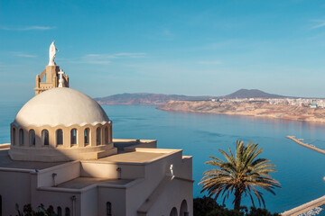Fototapeta na wymiar Panoramic view of Oran, Algeria, with the Santa Cruz chapel in the foreground.