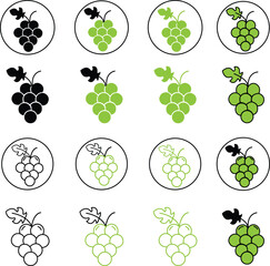 Set of Grape Food Fruits, bunches of grapes icons with leaf isolated on transparent background. Flat Black and green Grape fruits healthy lifestyle symbol editable stock template for graphic.