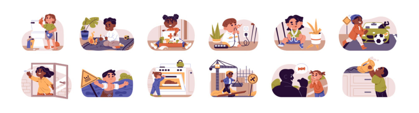Kids danger set. Hazard accidents indoor, outdoor. Baby play with fire, electricity, pills, chemicals, scissors. Child talks with stranger. Children safety. Flat isolated vector illustration on white