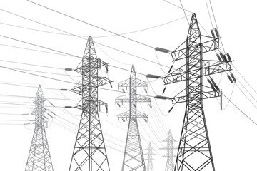 High voltage transmission systems. Electric pole. Power lines. A network of interconnected electrical. Energy pylons. City electricity infrastructure. Gray otlines on white background. Vector design - 672161504
