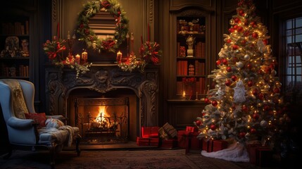 Fototapeta na wymiar Cozy Christmas atmosphere with a glowing tree, fireplace, and gifts in a dark festive interior