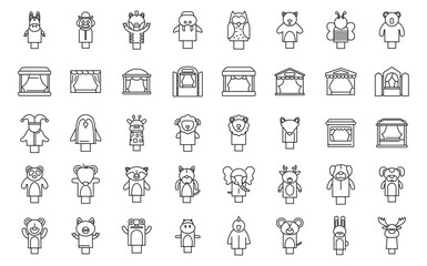 Puppet theater icons set outline vector. Marionette doll kid. Child activity