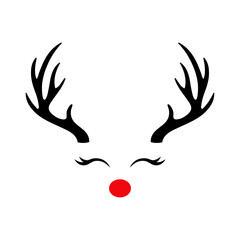 Tiempo de Navidad. Logo con reno Rudolph con hocico color rojo, astas y pestañas para su uso en tarjetas y felicitaciones - obrazy, fototapety, plakaty