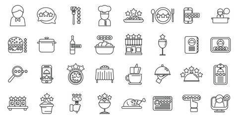 Food critic icons set outline vector. Food social review. Cooking critic expert - obrazy, fototapety, plakaty