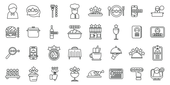 Food critic icons set outline vector. Food social review. Cooking critic expert