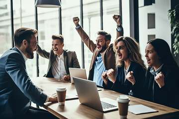 Happy successful business group at office. Diverse business team celebrating a triumph with arms up, achievement working in office.