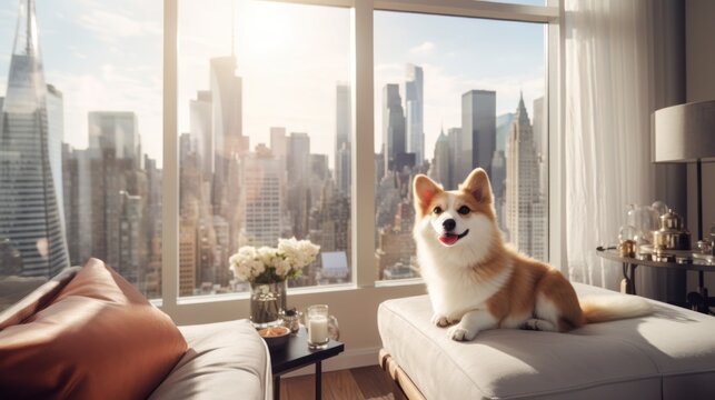 The corgi dog resides in an apartment, with views of skyscrapers visible from the windows. This paints a picture of an urban living environment for the canine companion.