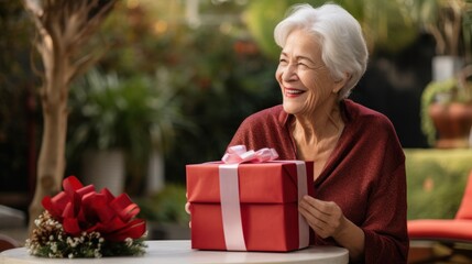 Fototapeta na wymiar Beautiful mature woman 50, 60, 70 years old on a green background holding a large gift box, holiday surprise, compliment bonus for birthday anniversary