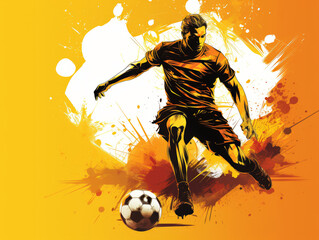 Dribbling soccer player with football ball, flat art style colorful poster, illustration.