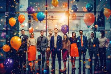 Group of multiethnic business people in elegant businesswear standing in office building. Diverse business people celebrating company success with many balloons and confetti.